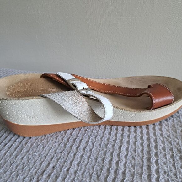 Fantasy Sandals Felisa Wedge Toe Womens EU 40 9 9.5 Leather Brown White Thong - Picture 2 of 12